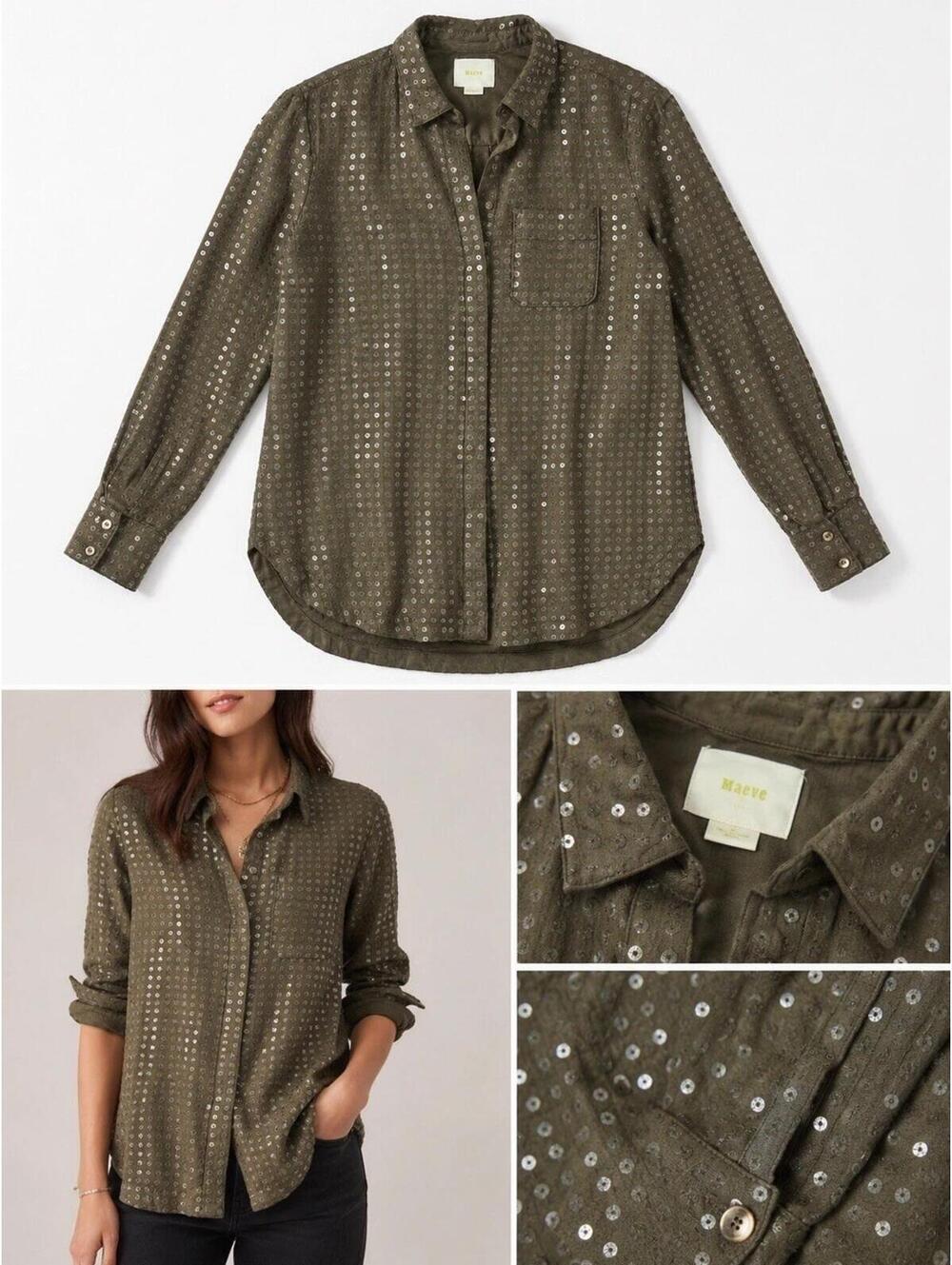 Maeve Anthropologie Olive Green Sequin Blouse Button Long Sleeve Top Size Xs